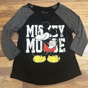 DISNEY Women’s Mickey Mouse Raglan Tee, 3/4 Sleeve, Distressed, Small